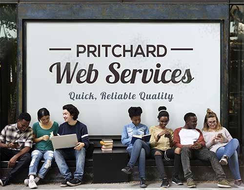 pritchard web services sign with people sitting in front of it